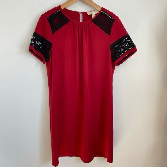 MICHAEL Michael Kors Women's M Red Black Lace Short Sleeve Shift Dress Knee - Picture 14 of 16